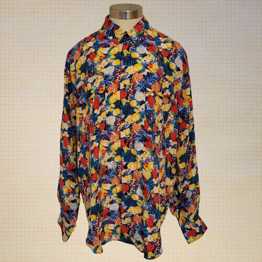 Vintage Fruit Print Oversized Button Down Blouse Puff Sleeve M 80s Inspired